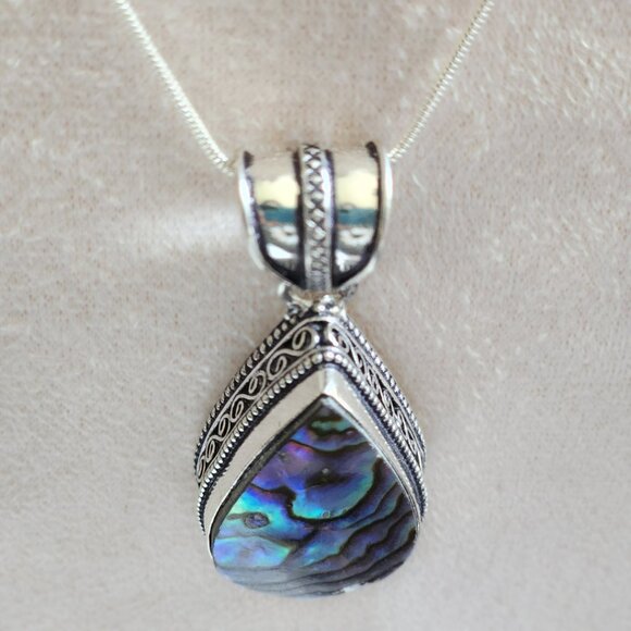 Abalone Tear Drop Handcrafted Detailed Metalwork Pendant Sterling Necklace NWOT - Picture 4 of 6